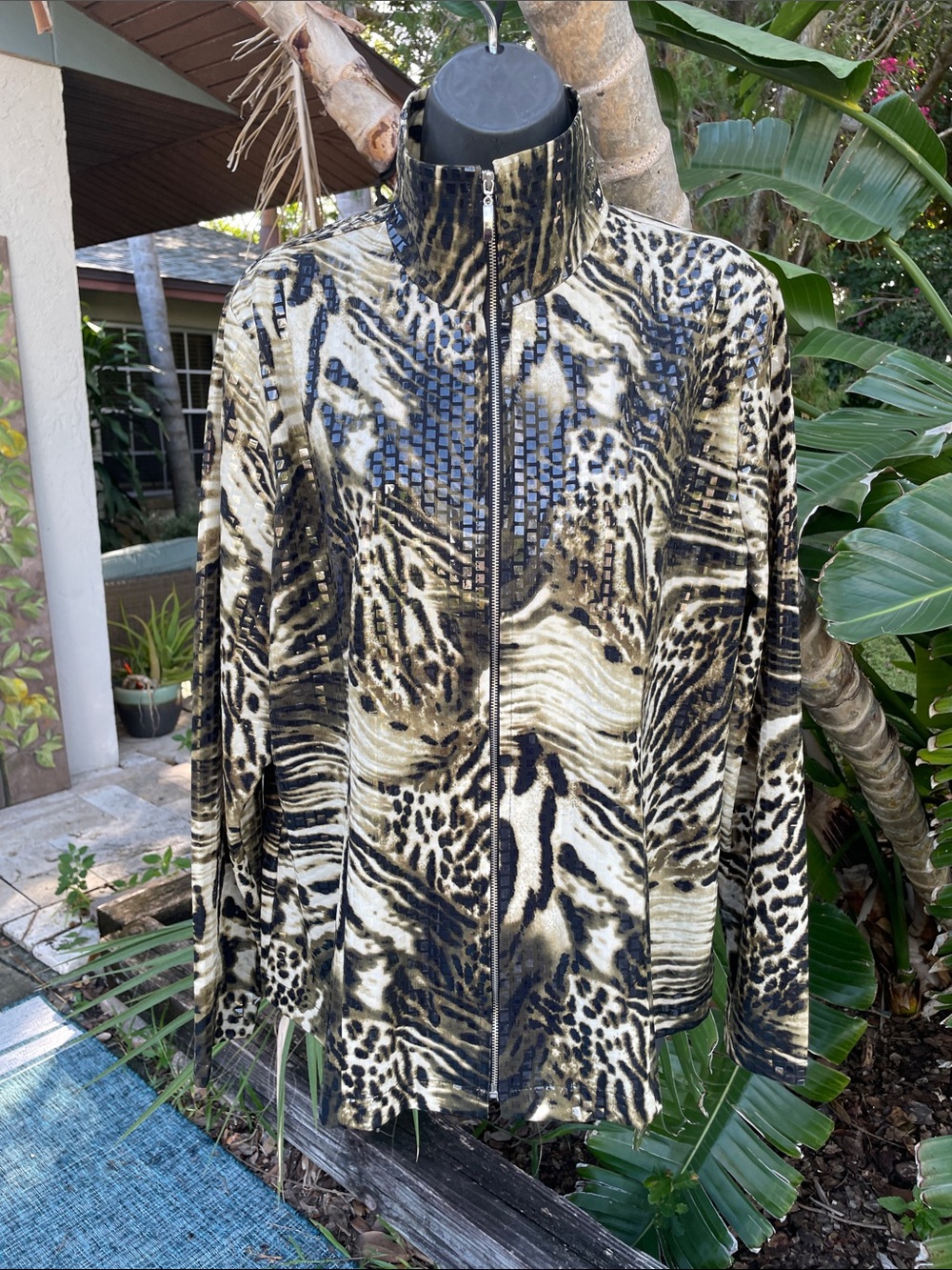 Leopard print, zip front funnel neck, sequin jacket